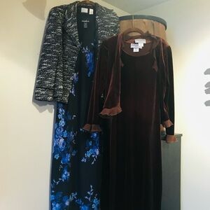 Jessica Howard Chocolate Brown Velvet Dress with Ruffle Trim Blue Dress + Jacket